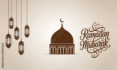 Ramadan Mubarak greeting card with mosque and lanterns