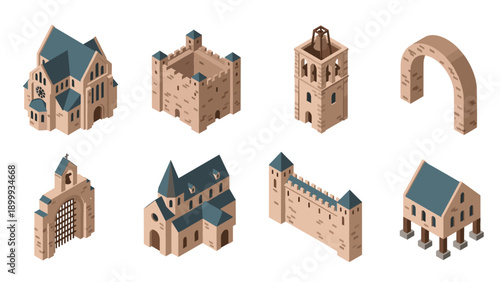 Isometric medieval architecture set with castles, churches, and arches