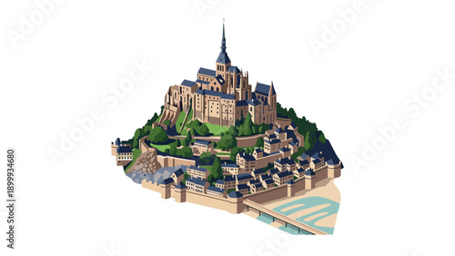 Detailed isometric illustration of mont saint-michel with historical architecture and coastal landscape