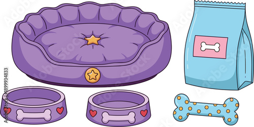 Purple pet care accessories set featuring a comfortable dog bed food bowls chew toy bone and dry animal food bag isolated on white background for veterinary and pet shop design.