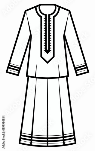 Traditional long-sleeved embroidered dress with intricate neckline design and patterned hem