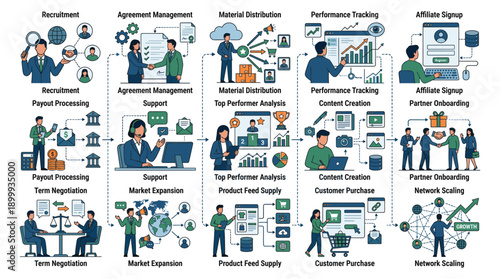 Digital marketing e-commerce business people creating online strategy concepts set with social media graphics