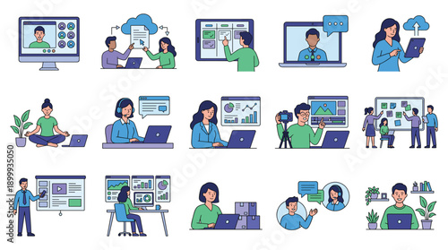 Digital marketing e-commerce business people social media online strategy concepts set illustration