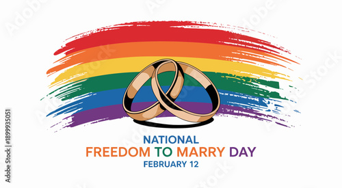 National Freedom to Marry Day celebration with rainbow and wedding rings on white background