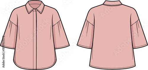 Pink oversized shirt fashion sketch, wide sleeve design, stylish front and back garment views, trendy clothing illustration, casual wear template