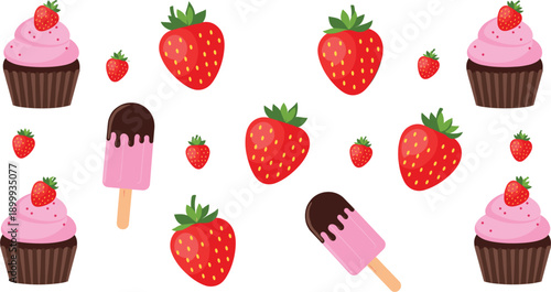 Sweet dessert collection featuring fresh strawberries pink cupcakes and chocolate dipped ice cream bars vector icons isolated on white background for bakery cafe and summer food design.