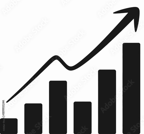 Black bar chart graph with rising arrow on white background