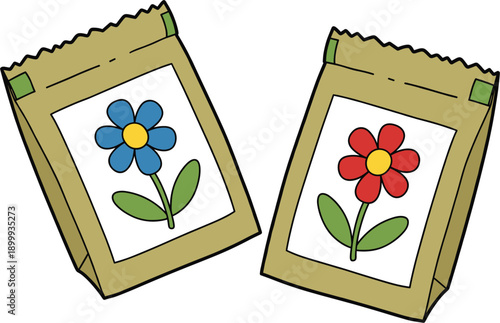 Two brown paper seed packets with colorful blue and red flower illustrations isolated on white background for gardening agriculture spring planting and floral hobby design.