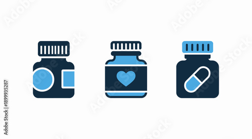 Blue and dark blue medicine bottles and capsules icons set