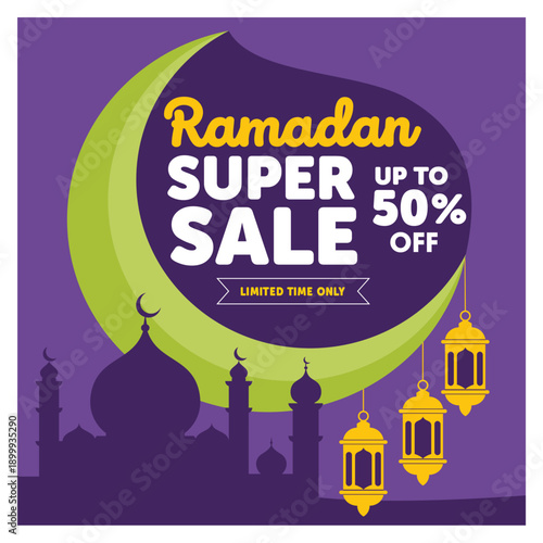 Ramadan super sale advertisement with mosque and lanterns
