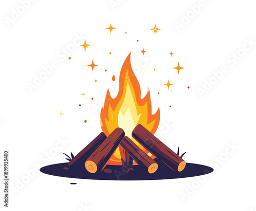 Simple campfire with crossed logs, flame and sparks, flat vector illustration isolated.