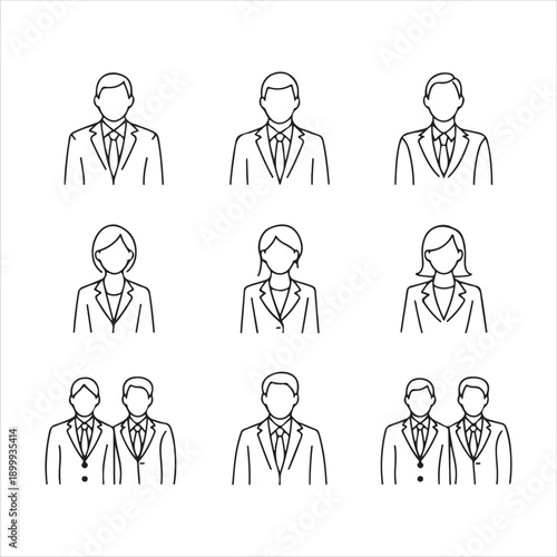 Set of nine business people line icons in black and white featuring men and women in suits
