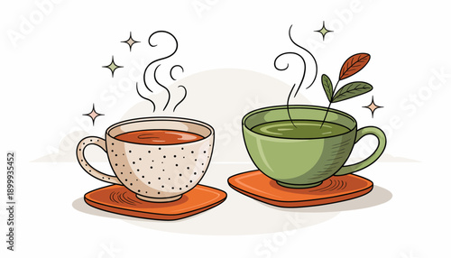 Two steaming cups of tea on wooden coasters with saucers and steam rising