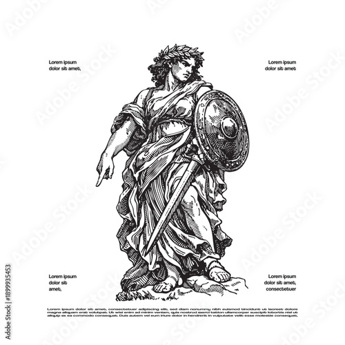 Vintage Engraving Style Illustration of Goddess Athena with Shield Sword and Laurel Wreath