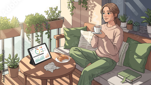Young woman enjoying a peaceful morning on her balcony with a cup of coffee.