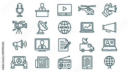 Communication and Broadcasting Outline Icons Set for News Media