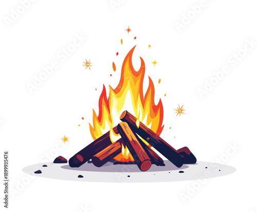 Campfire flame on ground with sparkles and firewood, outdoor adventure graphic.