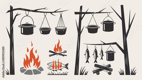 Camping cooking setup with pots and fish on fire outdoors in nature