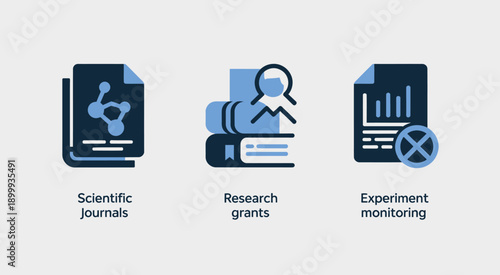 Scientific research icons with journals grants and experiment monitoring  science and technology concepts