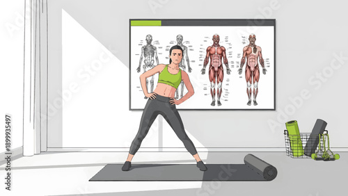 Young woman performing side bends during a home workout session.