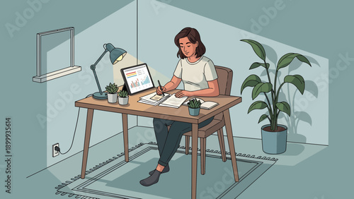 Young woman working from home at her desk with laptop and documents.