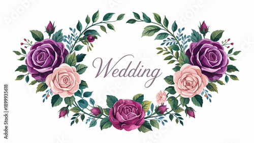 Beautiful floral wedding wreath with roses and green leaves arrangement