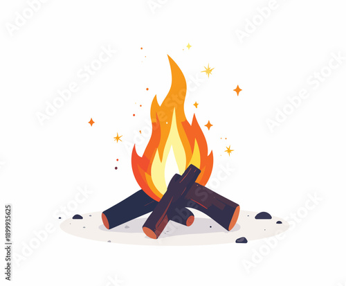 Campfire with burning logs and sparks, flat vector illustration on white background.
