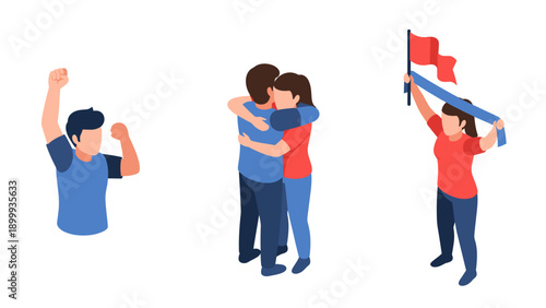 Isometric people celebrating: embracing, cheering, and holding flags