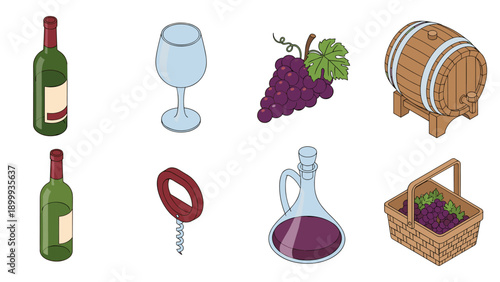Isometric wine collection: bottles, glass, grapes, barrel, and more icons