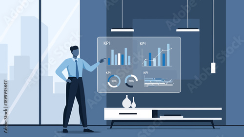 Businessman presenting data on a transparent screen.