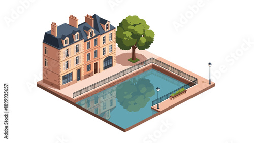 Charming isometric manor with courtyard pool and lush greenery