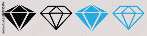 Diamond Icons: Black and Blue Geometric Gems in Outline and Solid Styles