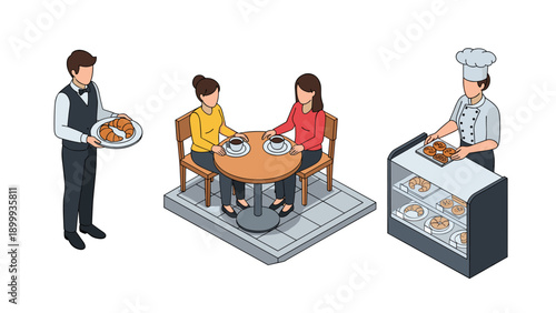 Isometric cafe scene with server, patrons, and pastry display in modern style