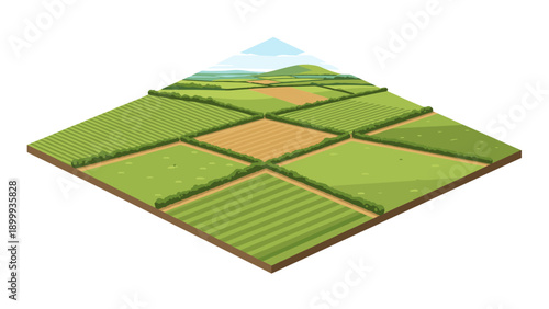 Isometric farmland landscape with fields and rolling hills under a blue sky