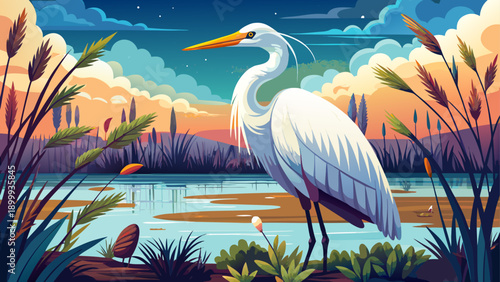 Very beautiful documentary photograph of an American egret standing gracefully in wetlands, highlighting elegant posture, white plumage, calm water, and fragile freshwater ecosystems.