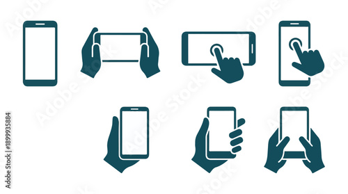 Smartphone and hand interaction icons set for mobile app UI UX design