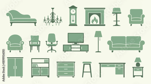 Flat design collection of green furniture and home decor icons
