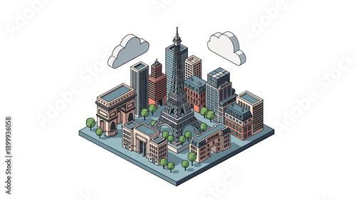 Isometric parisian cityscape with landmark buildings and cloudy sky