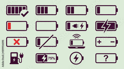 Battery status icons set, power indicators, energy level symbols for devices