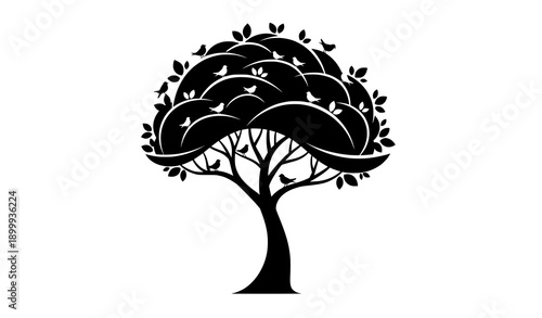 Abstract tree silhouette vector with perched birds and decorative forest canopy design