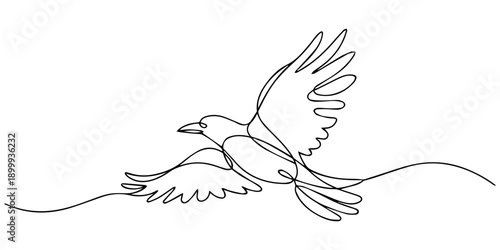 raven flying continuous one line drawing, One single line drawing of mysterious raven for company business logo identity. Crow bird mascot concept for graveyard icon. Dynamic continuous line draw grap