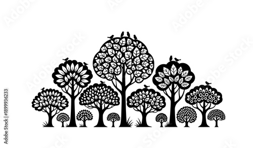 Decorative forest tree silhouette vector with abstract canopies and resting birds