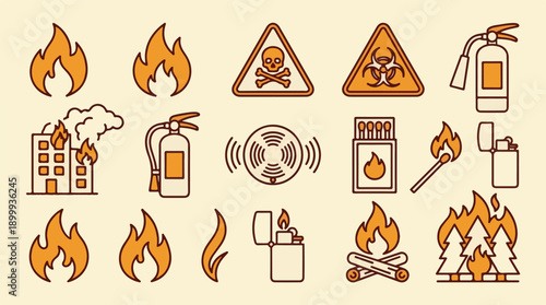 Collection of Fire Safety, Hazard, and Emergency Line Icons