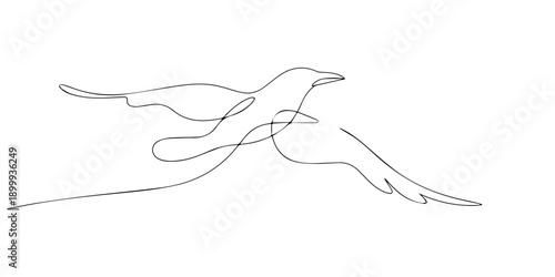 raven flying continuous one line drawing, One single line drawing of mysterious raven for company business logo identity. Crow bird mascot concept for graveyard icon. Dynamic continuous line draw grap