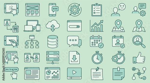 Digital marketing, web development, and business process line icons set