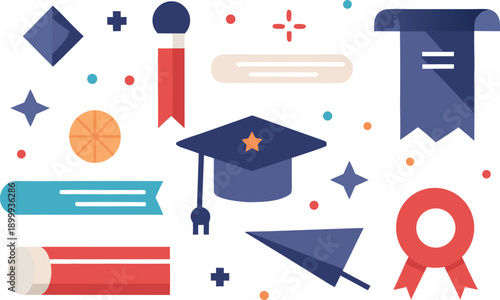Collection of educational and achievement symbols including a graduation cap, trophy, and books isolated on transparent background, Vector, illustration