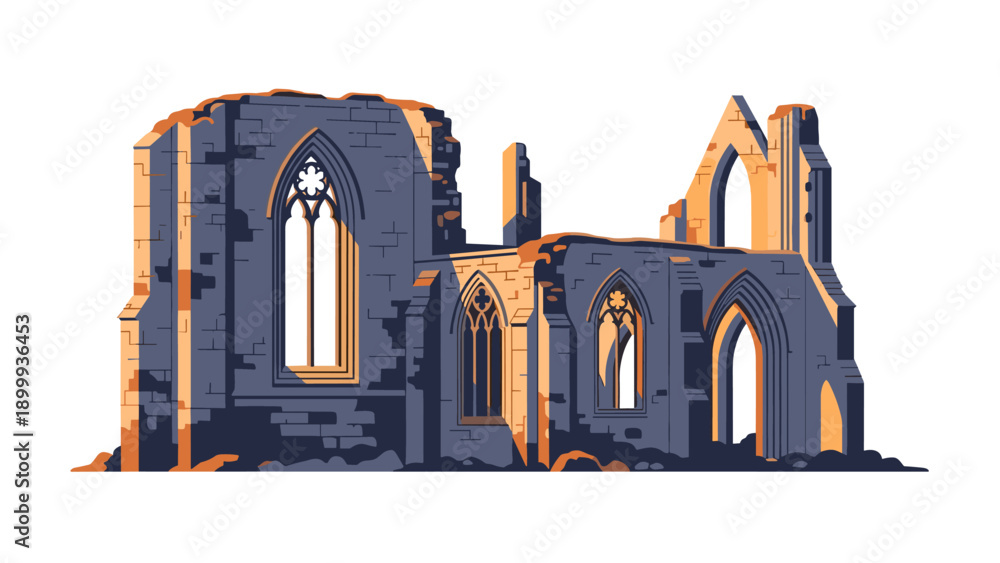 Fototapeta premium Gothic ruins with dramatic lighting in flat art style