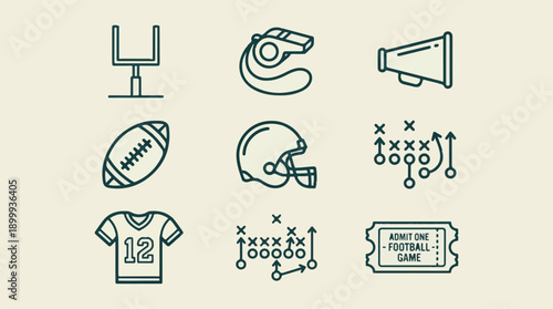 American Football Outline Icons Set - Sports Equipment and Game Elements