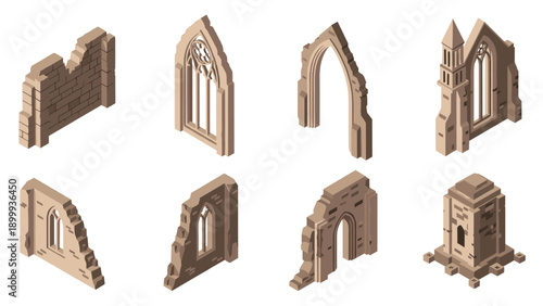 Isometric medieval castle ruins: arches, towers, and walls collection