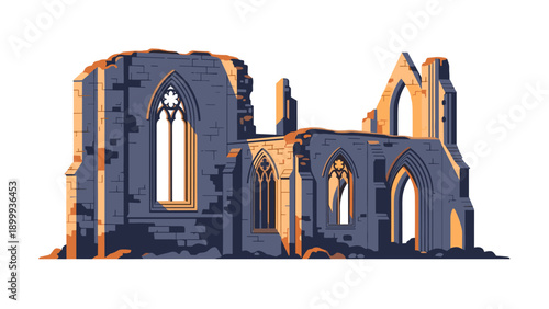 Gothic ruins with dramatic lighting in flat art style